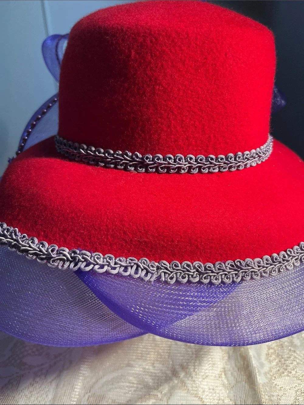 Red and Purple Decorative Women’s Dress Hat 100% wool + accents